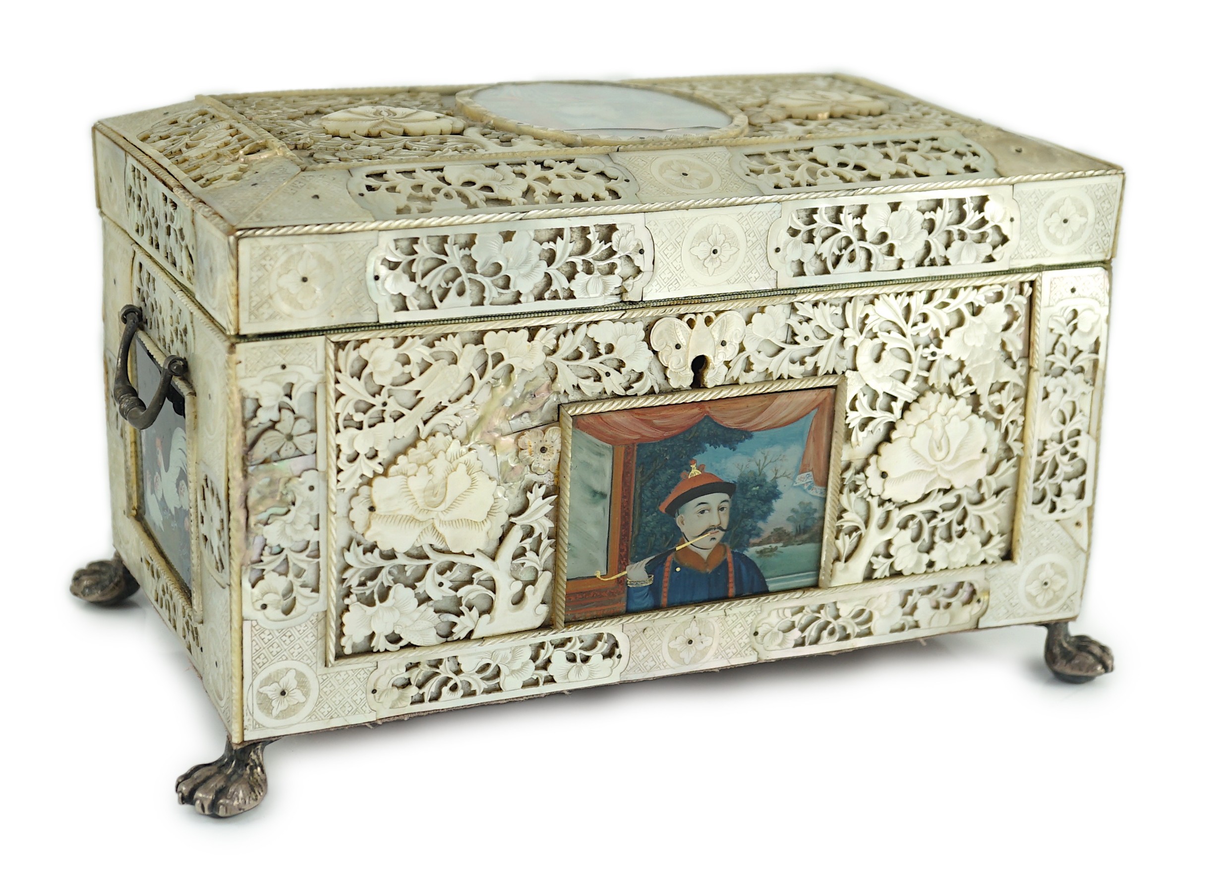 A rare Chinese export mother-of-pearl and reverse painted glass mounted casket, late 18th century, 27.5cm wide at feet, 15.5cm high, some damage